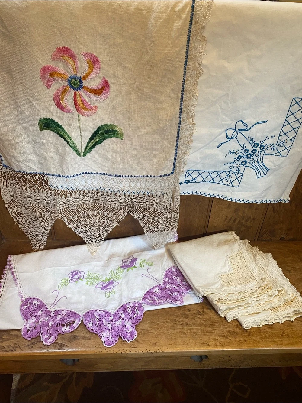 Vintage Handmade Embroidered & Crocheted Linens Bundle
